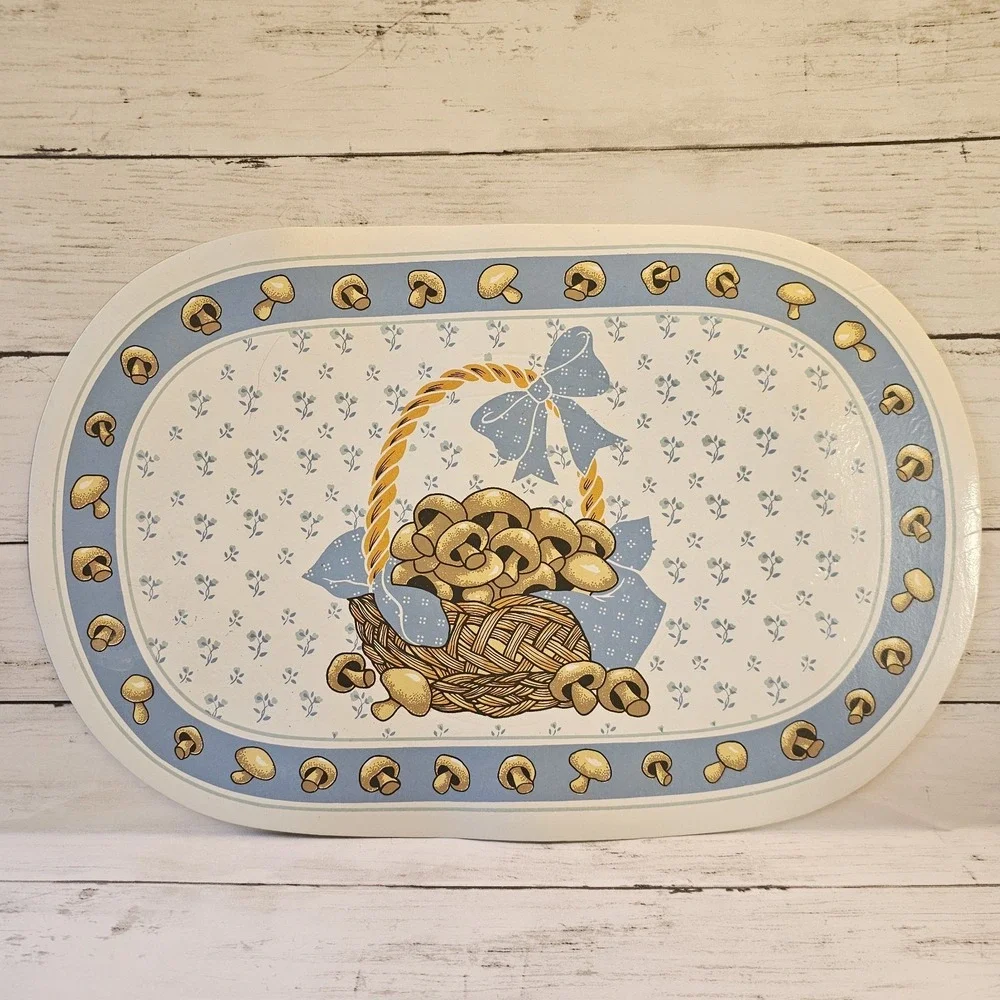 Vintage‎ Mushroom Vinyl Placemat Set of 4 Blue White Cottagecore Country Kitchen